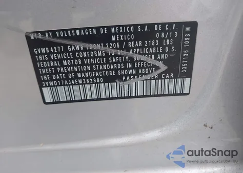 2014 Volkswagen Jetta 1.8T Se z USA, uszkodzony, nr VIN 3VWD17AJ4EM362980